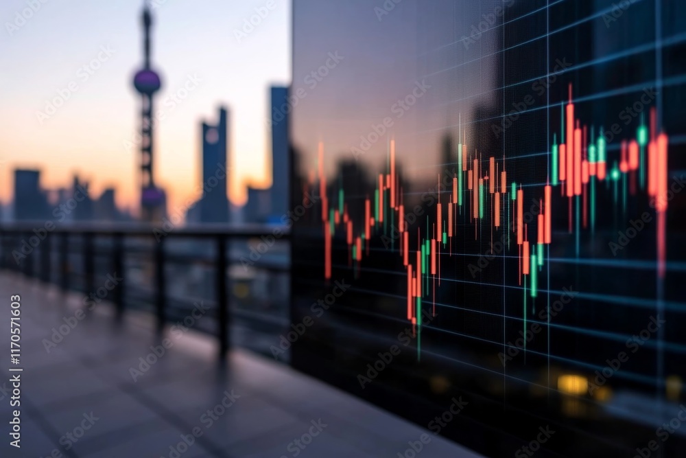 Poster glowing forex candlestick charts float against a blurred city skyline at dusk, representing the inte