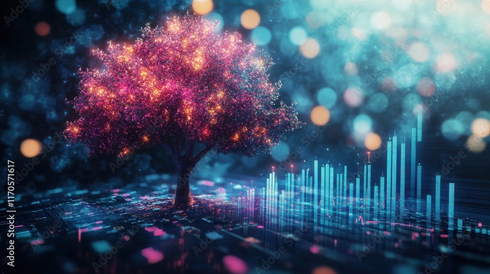 Poster Glowing tree in full bloom surrounded by vibrant lights and abstract patterns at night