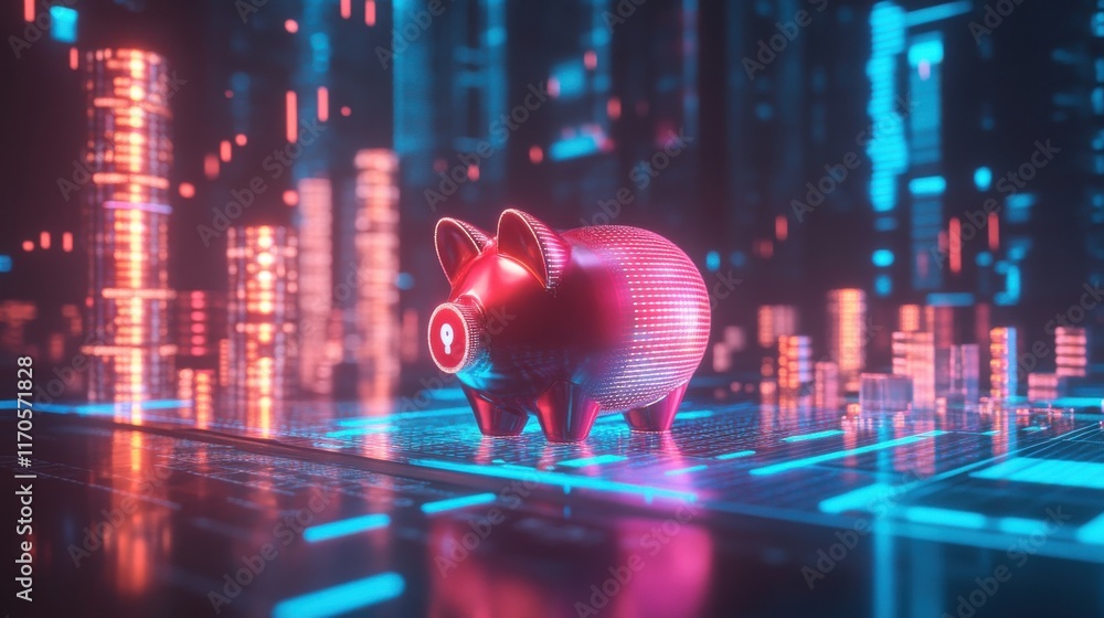 Aufkleber futuristic portrayal of a piggy bank symbolizing savings in a digital cityscape with neon lights and