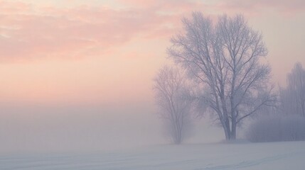Frosty Trees in a Misty Winter Dawn Landscape