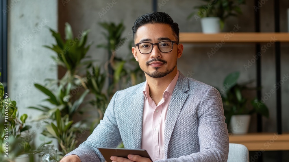 Aufkleber young man in a modern workspace engaging with a tablet during a creative session