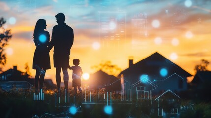 Family enjoys a moment together in front of their new home during a beautiful sunset