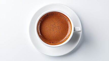 A top view of a cup of coffee on a white surface.