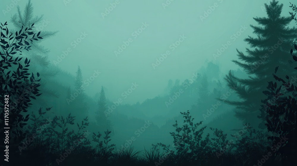 Poster dark forest green background conveys depth and mystery in a tranquil nature setting during early mor
