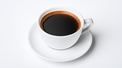 Fototapeta premium Black coffee in a white cup on a saucer against a white background.