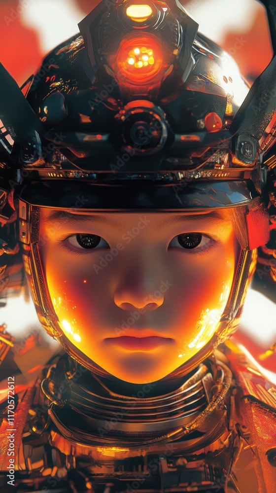 Poster Dynamic representation of a child's face in a futuristic environment filled with glowing elements and intricate details