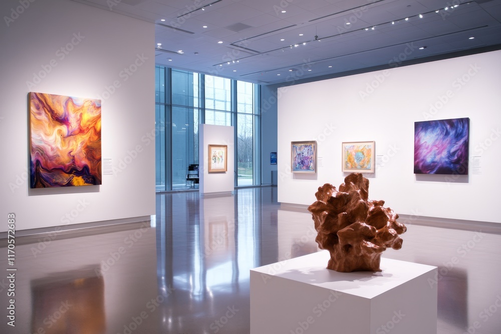 Poster a wide-angle view captures a modern art gallery featuring abstract sculptures and colorful paintings
