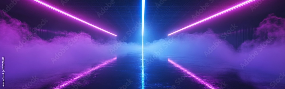 Poster violet and blue cosmic space with glowing beams and mist creating an ethereal atmosphere