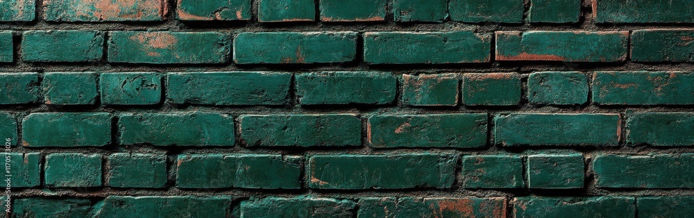Poster dark emerald green brick wall with subtle textures and weathered finish in urban setting at dusk