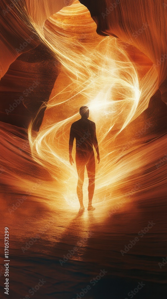 Poster man surrounded by glowing energy in a canyon at sunset conveying a sense of wonder and connection to