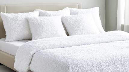 Cozy white bedding with plush pillows and soft texture.