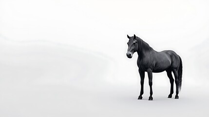 A black horse stands in front of a white background