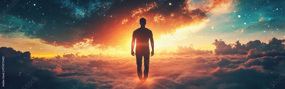 Poster man glowing amidst a cosmic background with clouds and vibrant colors at dawn