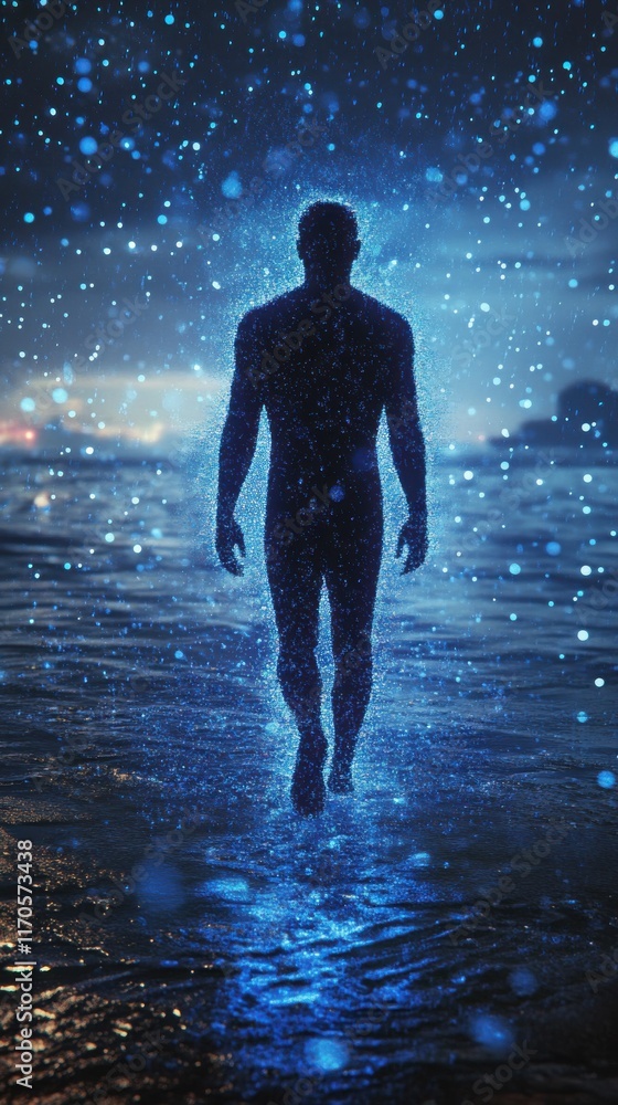 Poster Man glowing in blue light walking through a calm water setting during twilight hours with sparkling elements around him