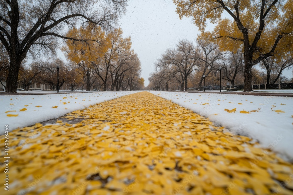Poster in a tranquil park, golden leaves flutter down as the first snowfall covers the ground, creating a s
