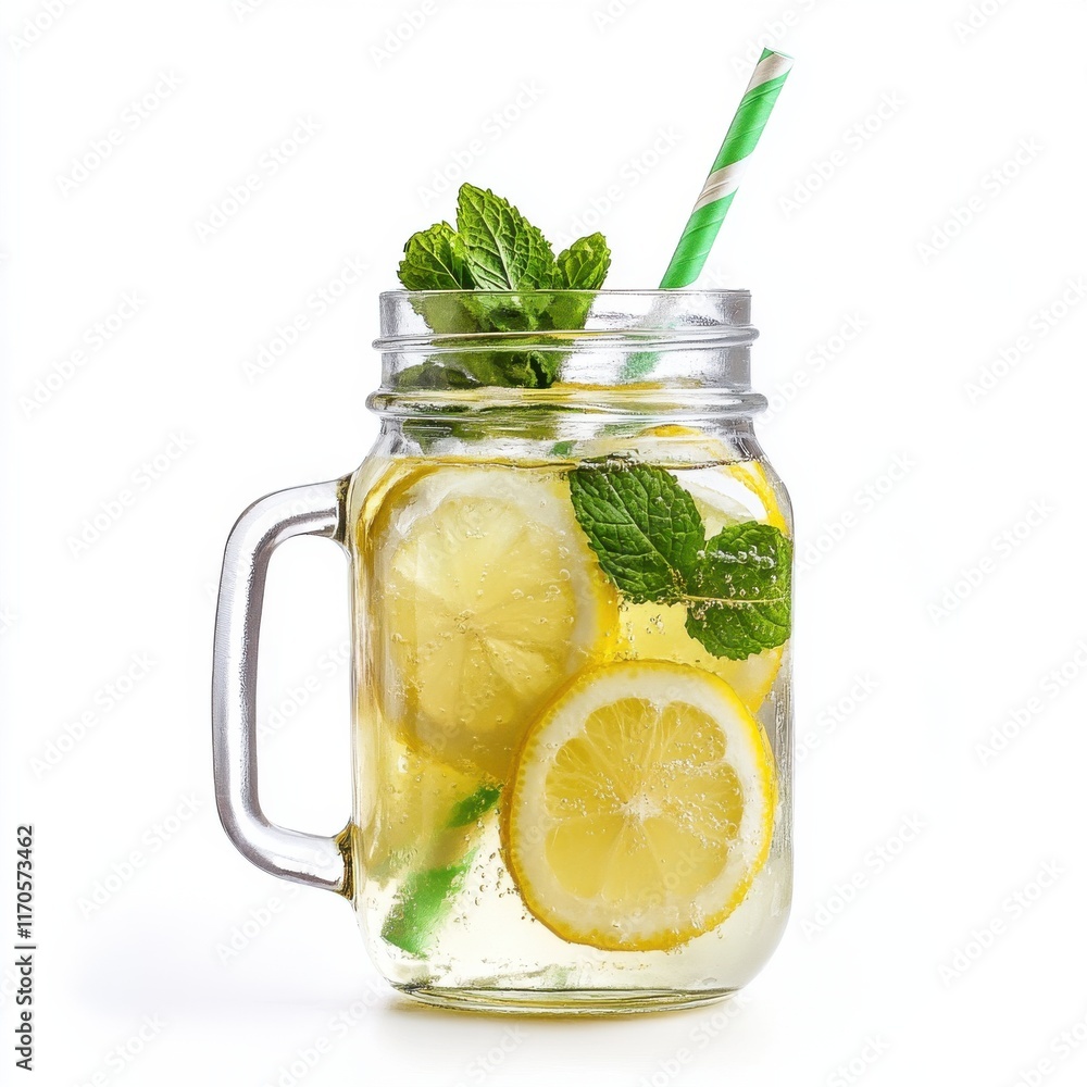 Poster refreshing lemon mint drink served in a mason jar with a straw perfect for summer relaxation and hyd