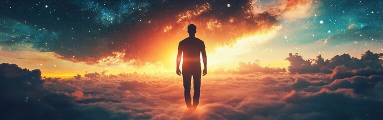 Obraz premium Man glowing amidst a cosmic background with clouds and vibrant colors at dawn
