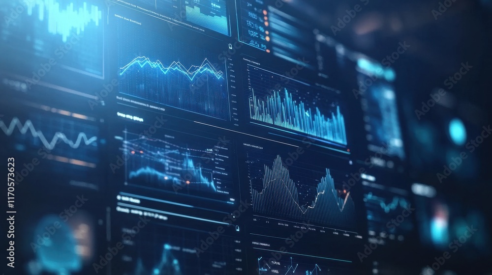 Poster successful investor analyzing data on a digital financial dashboard in a modern workspace