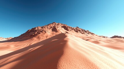 Naklejka premium A vast desert landscape features smooth sand dunes and a clear blue sky, creating a serene and expansive natural scene.