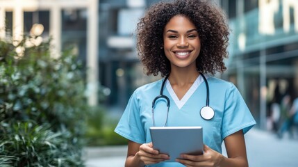Cheerful young healthcare professional smiling while holding a tablet in an outdoor urban setting
