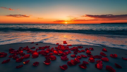 Romantic Sunset on the Beach with Rose Petals