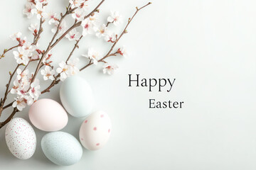 Fototapeta premium Decorated pastel eggs with blooming branches and 