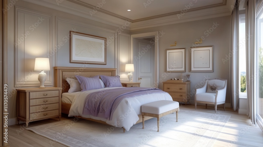 Aufkleber Serene lavender bedroom with soft bedding creating a calming atmosphere in a modern home