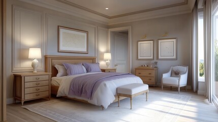 Fototapeta premium Serene lavender bedroom with soft bedding creating a calming atmosphere in a modern home