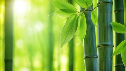 Green bamboo stalks and leaves in a serene natural environment.