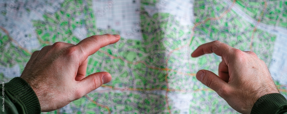 Poster negotiation strategy execution concept. hands examining a detailed map with green areas.