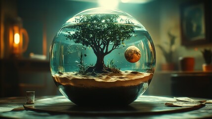 A futuristic 3D globe with a golden tree surrounded by greenery, symbolizing the fusion of nature and technology