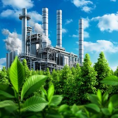 Obraz premium Peak energy sustainability concept. Industrial plant amidst lush greenery under a bright sky