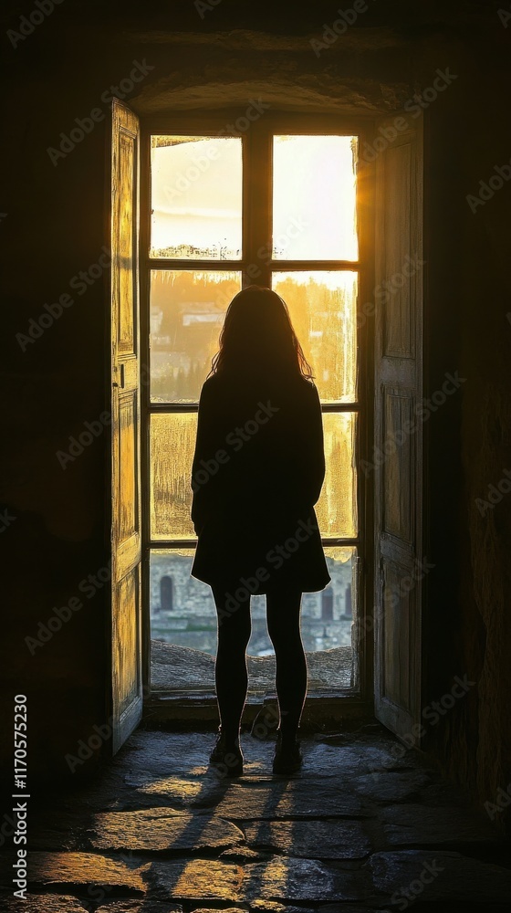 Aufkleber silhouette of a person at a window during sunset in an ancient building
