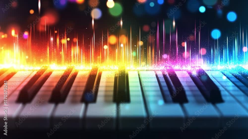 Poster colorful visual representation of sound waves over a piano keyboard in a vibrant setting