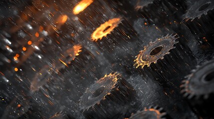 Fototapeta premium A close up of a bunch of gears with a lot of fire and rain