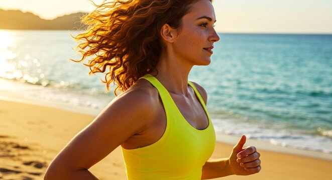 Sunset Beach Run:  A woman with red curly hair runs along the beach at sunset, her determination evident in her focused gaze.  The golden light bathes the scene in warmth. - Powered by Adobe