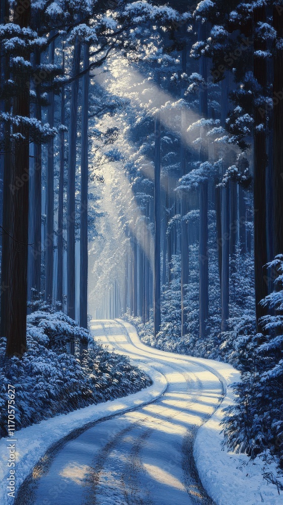 Poster serene winding road through a snow-covered forest with sunlight filtering through tall trees