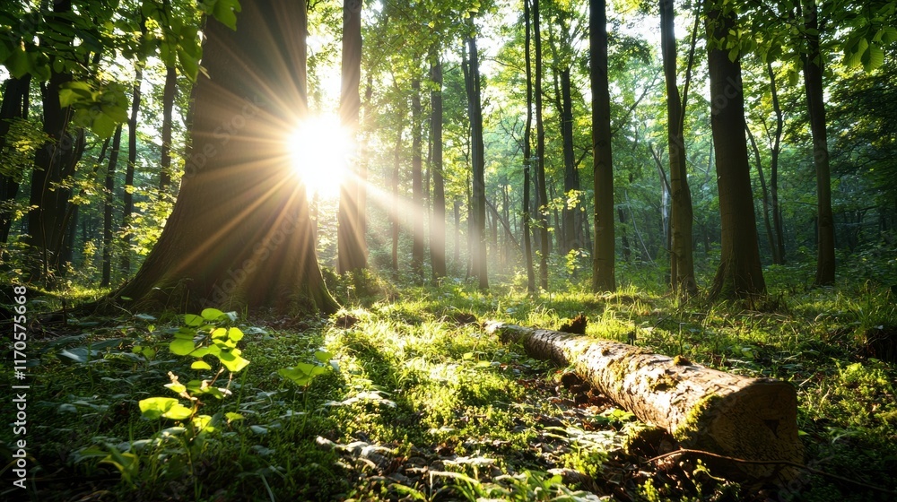 Poster a serene forest scene with sunlight filtering through tall trees, casting beautiful rays and creatin