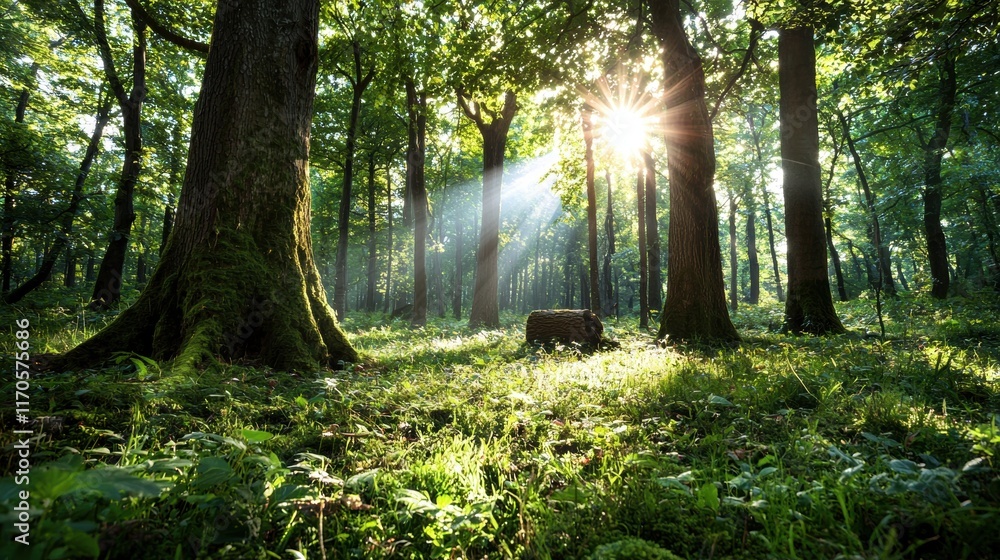 Poster a serene forest scene with sunlight streaming through trees, illuminating lush greenery and creating