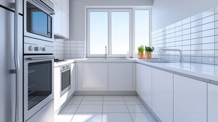 Modern kitchen with white cabinetry and large window for natural light.