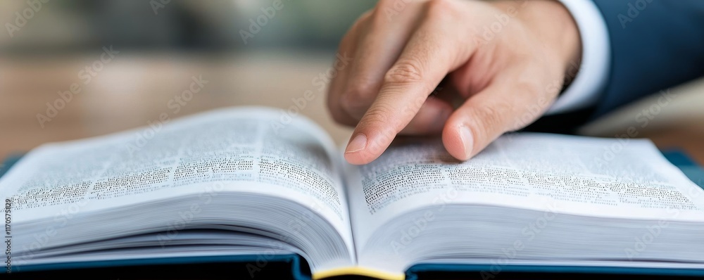Poster law restriction authority concept. open book with a hand pointing at the text inside.