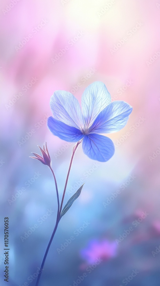 Poster close-up of a delicate blue flower illuminated by soft pastel colors in a tranquil setting