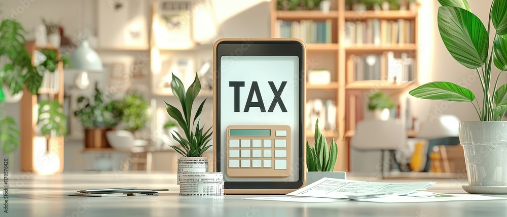 Poster digital device displaying tax penalty fees and submission guidelines in a modern office environment
