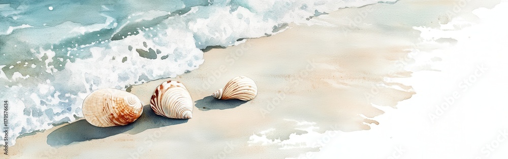 Poster seashells resting on a serene beach with crashing waves and gentle tide during a sunny day