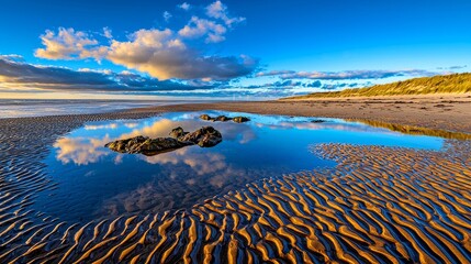 Serene beach landscape with rippled sand and reflective water pool.
