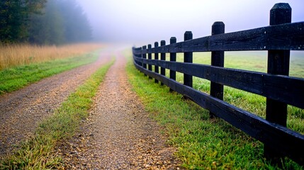 Fototapeta premium Serene gravel path bordered by a wooden fence in a misty landscape.