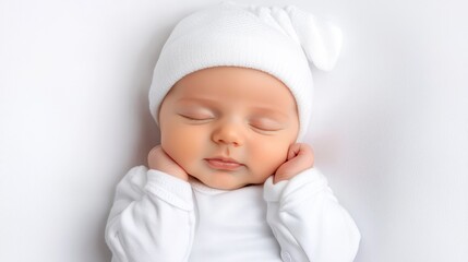 Sleeping baby in white outfit and hat on a soft background.