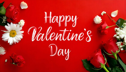 "Happy Valentine's Day" beautifully written, surrounded with beautiful flowers, set on a red background.