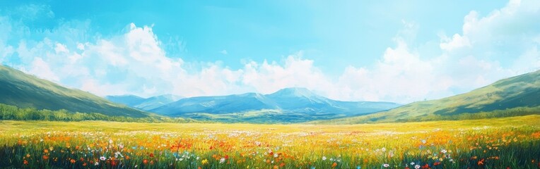 Obraz premium Vibrant watercolor portrait of a serene meadow surrounded by mountains under a bright blue sky