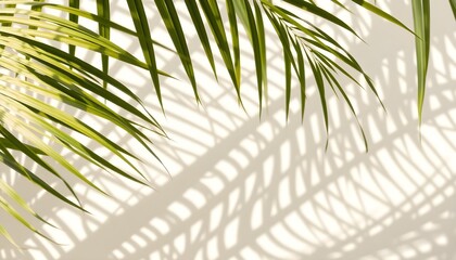 Obraz premium A serene and minimalist summer background featuring natural green palm leaves with soft sun shadows, creating a pastel-colored aesthetic